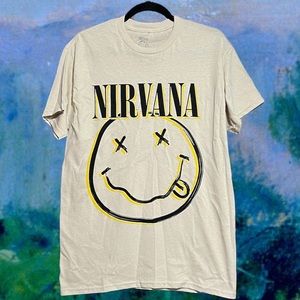 Nirvana T-shirt Mens M Blue Short Sleeve Smells Like Teen Spirit, smiley face.